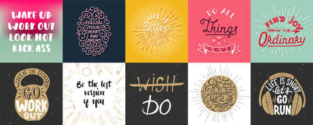Set of vector motivational and inspirational lettering posters, greeting cards, decoration, prints. Hand drawn typography design elements. Handwritten lettering. Modern ink brush calligraphy.のイラスト素材