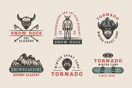 Set of vintage snowboarding, ski or winter sports logos Vector illustration.のイラスト素材