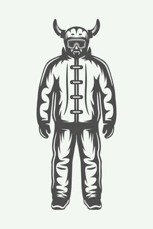 Vintage winter sportsman in ski suit. A Monochrome Graphic Art Vector Illustration.のイラスト素材