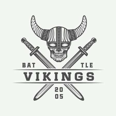 Vintage vikings logo, label, emblem, badge in retro style with quote. Monochrome Graphic Art. Vector Illustration.のイラスト素材