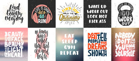 Set of vector motivational and inspirational lettering posters, greeting cards, decoration, prints. Hand drawn typography design elements. Handwritten lettering. Modern ink brush calligraphy.のイラスト素材