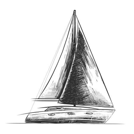 Vector engraved style illustration for posters, decoration and print. Hand drawn sketch of sea ship in monochrome isolated on white background. Detailed vintage woodcut style drawing.のイラスト素材