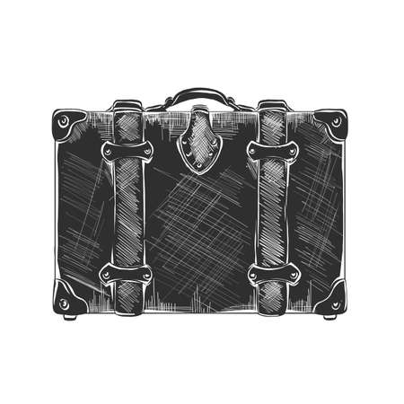 Vector engraved style illustration for posters, decoration and print. Hand drawn sketch of travel suitcase in monochrome isolated on white background. Detailed vintage woodcut style drawing.のイラスト素材