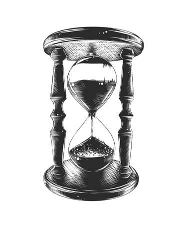 Vector engraved style illustration for posters, decoration and print. Hand drawn sketch of hourglass in monochrome isolated on white background. Detailed vintage woodcut style drawing.のイラスト素材