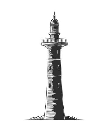 Vector engraved style illustration for posters, decoration and print. Hand drawn etching sketch of lighthouse in monochrome isolated on white background. Detailed vintage woodcut style drawing.のイラスト素材