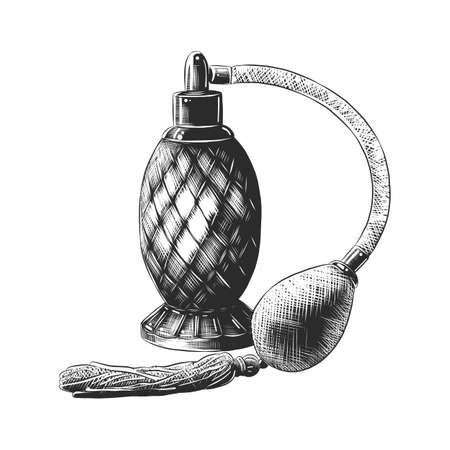 Vector engraved style illustration for posters, decoration and print. Hand drawn sketch of perfume in monochrome isolated on white background. Detailed vintage woodcut style drawing.のイラスト素材