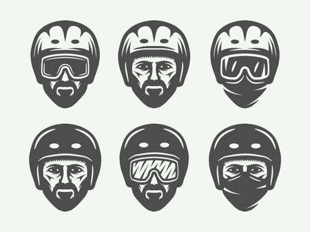 Set of vintage snowboarding, ski or winter head logos, badges, emblems and design elements. Vector illustration. Monochrome Graphic Art.のイラスト素材
