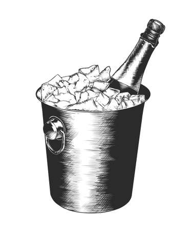 Vector engraved style illustration for posters, decoration and print. Hand drawn sketch of a bottle of champagne in ice, monochrome isolated on white background. Detailed vintage woodcut styleのイラスト素材