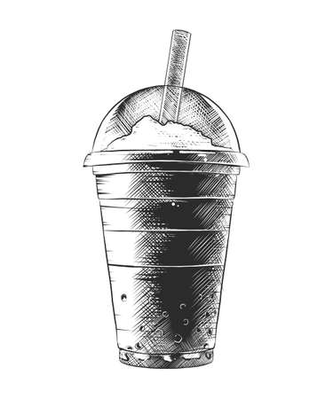 Vector engraved style illustration for posters, decoration and print. Hand drawn sketch of summer milkshake, monochrome isolated on white background. Detailed vintage woodcut styleのイラスト素材