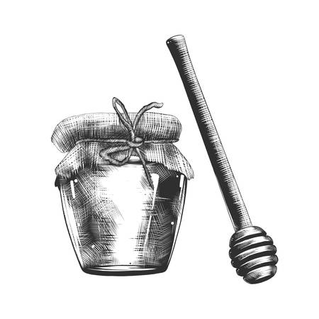 Vector engraved style illustration for posters, decoration and print. Hand drawn sketch of honey in jar and wooden dipper in monochrome isolated on white background. Detailed vintage woodcut style.のイラスト素材