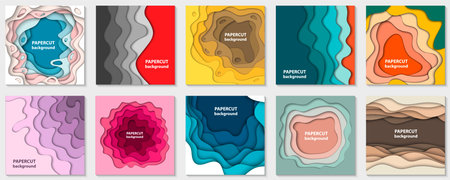 Vector collection of 10 backgrounds with colorful paper cut shapes. 3D abstract paper art style,...