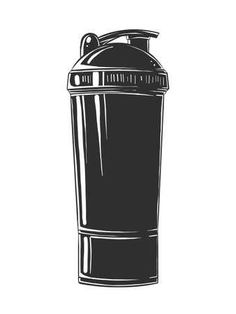 Vector engraved style illustration for posters, decoration and print. Hand drawn sketch of shaker bottle in monochrome isolated on white background. Detailed vintage woodcut style drawing.のイラスト素材