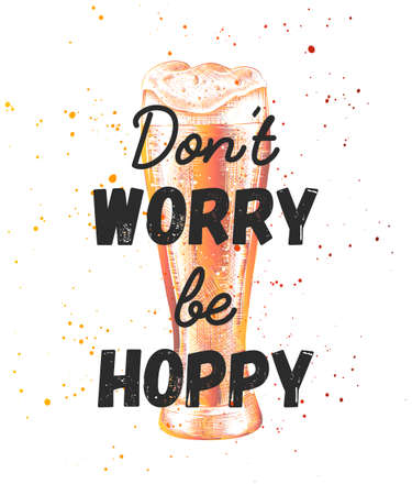 Vector card with hand drawn unique typography design element for greeting cards, decoration, prints and posters. Funny quote with sketch of engraved glass of beer. Modern calligraphy.のイラスト素材