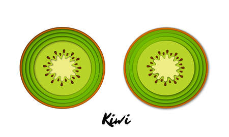 Vector set of paper cut green kiwi, cut shapes. 3D abstract paper art style, origami concept design, food packaging, advertising, detox, cosmetics, healthy eating, menu, logo, emblem.のイラスト素材