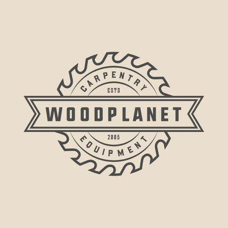 Vintage carpentry, woodwork and mechanic label, badge, emblem and logo. Vector illustration. Monochrome Graphic Art.のイラスト素材