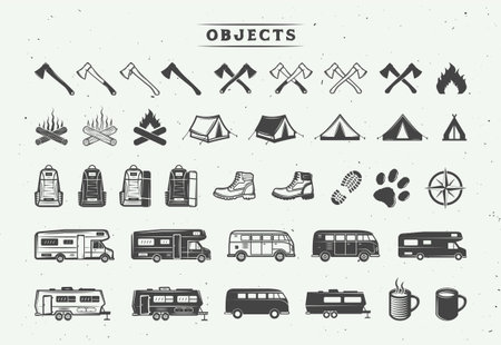 Set of vintage camping outdoor and adventure elements. Can be used  badges, labels, emblems, marks and design elements. Graphic Art. Vector Illustration.のイラスト素材