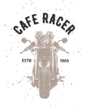 Vector card with hand drawn unique typography design element for greeting cards, t-shirt design, logo, decoration, prints and posters. Cafe racer with engraved sketch of motorcyrcle.のイラスト素材