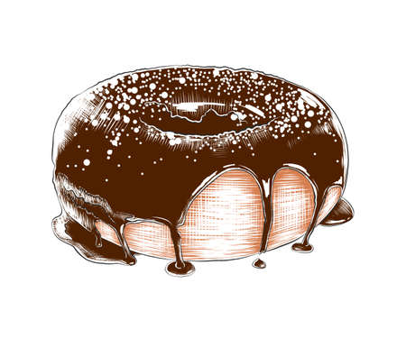 Vector engraved style illustration for posters, decoration, menu, packaging and print. Hand drawn sketch of colorful donut isolated on white background. Detailed vintage woodcut style drawing.のイラスト素材