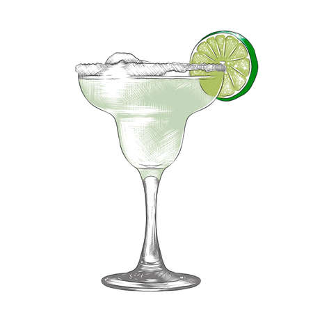 Vector engraved style illustration for posters, decoration and print. Hand drawn sketch of Margarita alcoholic cocktail, colorful isolated on white background. Detailed vintage woodcut styleのイラスト素材