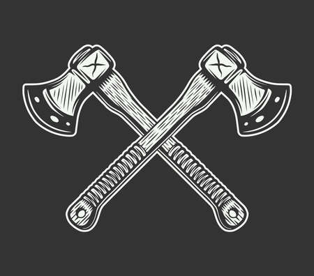 Vintage cross axes in retro hand drawn style. Can be used for emblem, badge, label, stamp or mark. Monochrome graphic Art. Sketch. Vector Illustration.のイラスト素材