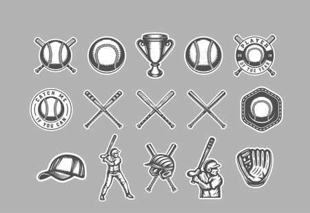 Vintage baseball sport stickers  emblems, badges, marks, labels. Monochrome Graphic Art. Illustration.のイラスト素材