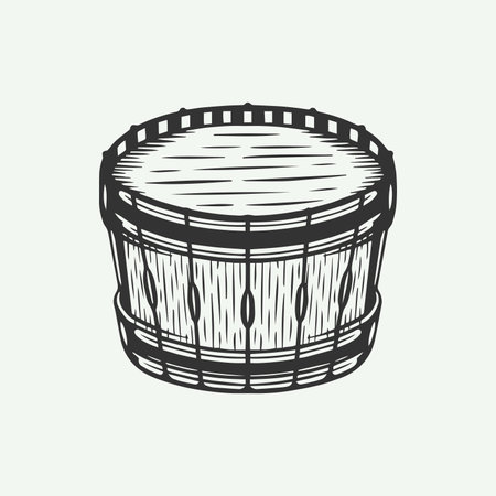 Vintage retro drum in line woodcut style. Hand Drawn style. Line woodcut style. Monochrome Graphic Art. Vector Illustration.のイラスト素材
