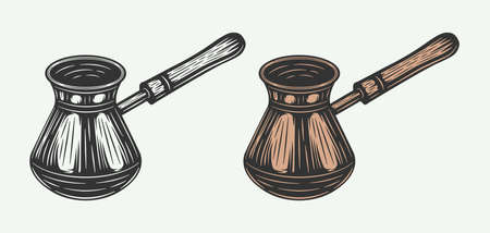 Vintage retro turkish coffee pot cezve in woodcut style.のイラスト素材