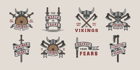 Set of vintage vikings motivational  label, emblem, badge in retro style with quote. Monochrome Graphic Art. Vector Illustration.のイラスト素材