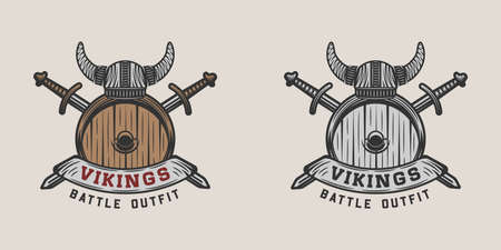 Set of vintage vikings motivational  label, emblem, badge in retro style with quote. Monochrome Graphic Art. Vector Illustration.のイラスト素材