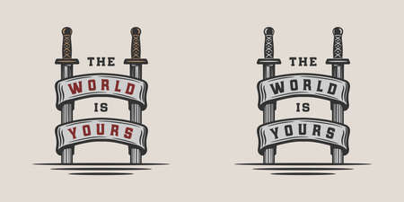 Set of vintage vikings motivational  label, emblem, badge in retro style with quote. Monochrome Graphic Art. Vector Illustration.のイラスト素材