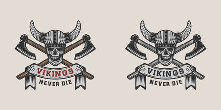 Set of vintage vikings motivational  label, emblem, badge in retro style with quote. Monochrome Graphic Art. Vector Illustration.のイラスト素材