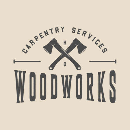 Vintage carpentry, woodwork and mechanic label, badge, emblem  . Vector illustration. Monochrome Graphic Art.のイラスト素材