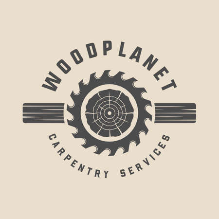 Vintage retro woodwork lumber  badge, emblem. Line woodcut style. Monochrome Graphic Art. Vector Illustration.のイラスト素材