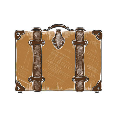 Vector engraved style illustration for posters, decoration  . Hand drawn sketch of travel suitcase in colorful isolated on white background. Detailed vintage woodcut style drawing.のイラスト素材