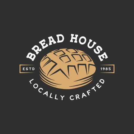 Vintage style bakery shop label, badge, emblem, logo. Monochrome vector graphic art with engraved design element of bread. Collection of linear graphic on black background.のイラスト素材