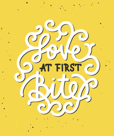 Vector food inspirational and advertising slogan poster. Love at first bite, modern ink brush calligraphy in circle. Handwritten lettering with curls.のイラスト素材