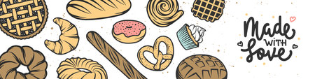 Bakery horizontal banner cover. Lettering advertising design with bread, pastry, pie, buns, sweets,...