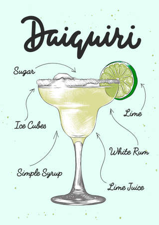 Vector engraved style Daiquiri cocktail illustration for posters, decoration, logo and print. Hand drawn sketch with lettering and recipe, beverage ingredients. Detailed colorful drawing.のイラスト素材