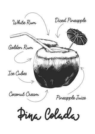 Vector engraved style Pina Colada coconut cocktail illustration for posters, decoration, logo and print. Hand drawn sketch with lettering and recipe, beverage ingredients. Detailed monochrome drawing.のイラスト素材