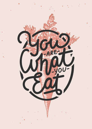 Vector poster with hand drawn unique typography design element for wall decoration, prints. You are what you eat, modern brush calligraphy with carrot engraved sketch. handwritten lettering.のイラスト素材