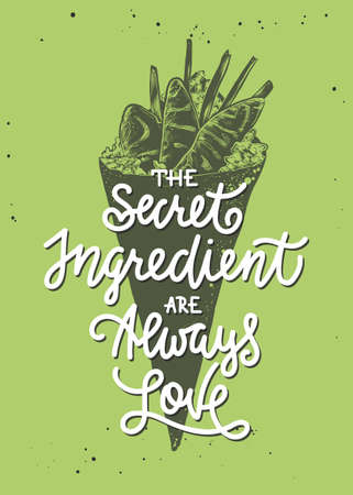 Vector food poster with hand drawn hand roll sushi engraved sketch and lettering. The secret ingredient are always love, calligraphy. Handwritten lettering with japanese food on green background.のイラスト素材