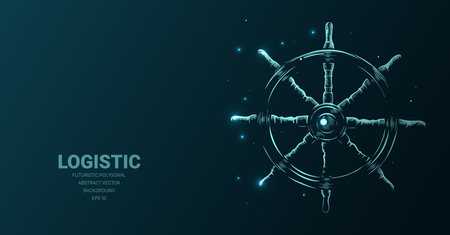 Futuristic illustration with hologram neon nautical ship wheeel sketch, concept glowing icon sign on dark background. Vector digital art, technology, shipping, sailing, sea adventure concept.のイラスト素材