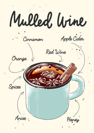 Vector engraved style Mulled Wine, alcoholic cocktail illustration for posters, decoration and print. Hand drawn sketch with lettering and recipe, beverage ingredients. Detailed colorful drawing.のイラスト素材