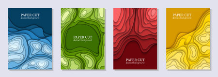 Vertical vector set of 4 colorful flyers with paper cut waves shapes. 3D abstract paper art, design layout for business presentations, flyers, posters, prints, decoration, cards, brochure cover.のイラスト素材
