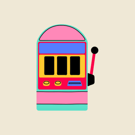 Gaming vintage and retro element Slot Machine in flat line style illustration. Hand drawn graphic casino game, one arm bandit vector, jackpot slot casino.のイラスト素材