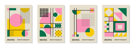 Set of 4 minimal vintage 20s geometric design posters, wall art, template, layout with primitive shapes elements. Bauhaus retro pattern background, vector abstract circle, triangle and square line artのイラスト素材