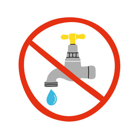 Water element clipart in flat line style. Hand drawn vector illustration of water tap, faucet and drop in red prohibited crossed sign. Fashion cute patch, badge, emblem. Save water plumbing concept.のイラスト素材