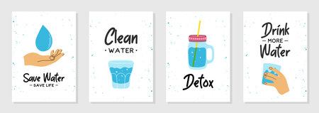 Set of 4 posters flat line modern style with phrases, quotes. Drink more, healthy lifestyle, hydrate...