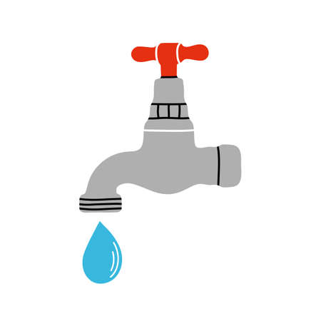 Water element clipart in flat line style. Hand drawn vector illustration of water tap, faucet and drop. Plumbing patch, badge, emblem. Save water concept, dripping water.のイラスト素材