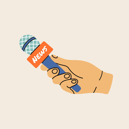 Human hand holding microphone, news, journalist clip art in modern flat line style. Hand drawn vector illustration of mouthpiece, transmitter, mike, misc, mic. Sound vintage equipment, retro element.のイラスト素材